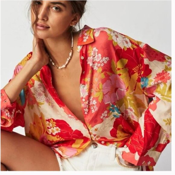Spell  Tyler Floral Satin Button Down Shirt  Sz S - Picture 1 of 3